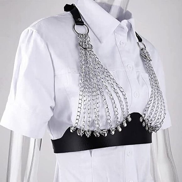 Black Leather Bra Top Chain Bikini Harness BDSM Slave Fetish Bondage Gothic NWT - Picture 5 of 7